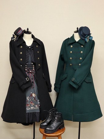 ブラック ゴシックロリータコートダークグリーンポリエステルオーバーコートコート秋ロリータアウターウェア