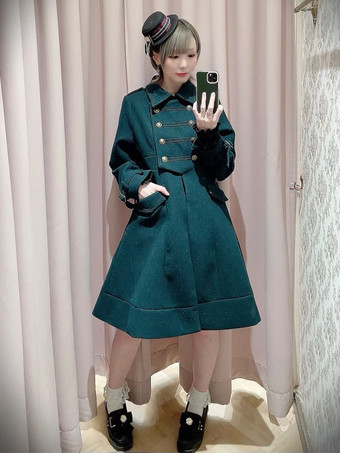 ゴシックロリータコートダークグリーンポリエステルオーバーコートコート秋ロリータアウターウェア