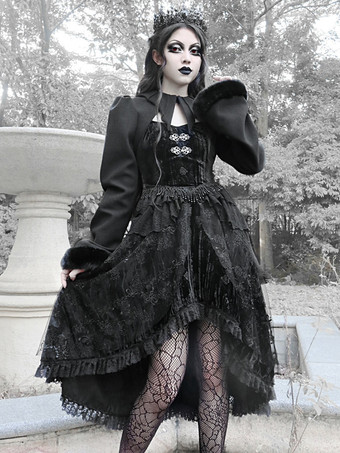 ブラック ゴシックロリータコート ブラックポリエステルオーバーコート 冬用ロリータアウター