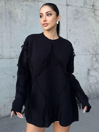 ブラック レディース プルオーバー ホワイト フリンジ ジュエルネック ノースリーブ ポリエステル セーター