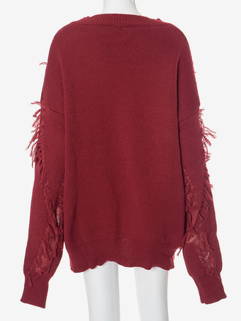 レディース プルオーバー ホワイト フリンジ ジュエルネック ノースリーブ ポリエステル セーター