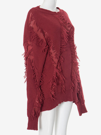 レディース プルオーバー ホワイト フリンジ ジュエルネック ノースリーブ ポリエステル セーター