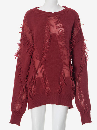 ワインレッド レディース プルオーバー ホワイト フリンジ ジュエルネック ノースリーブ ポリエステル セーター