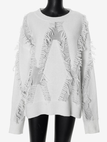 レディース プルオーバー ホワイト フリンジ ジュエルネック ノースリーブ ポリエステル セーター