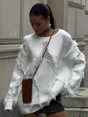 ホワイト レディース プルオーバー ホワイト フリンジ ジュエルネック ノースリーブ ポリエステル セーター