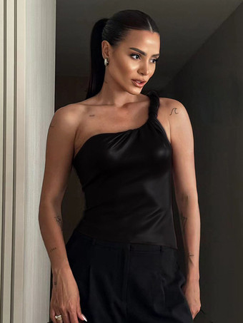 ブラック バーガンディ キャミトップ ワンショルダー PUレザー セクシー レディース キャミソール