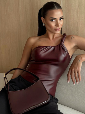 バーガンディ キャミトップ ワンショルダー PUレザー セクシー レディース キャミソール