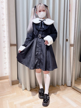 ブラック ゴシックロリータコート ブラックコート フリル リボン オーバーコート ポリエステル 秋 ロリータ アウター