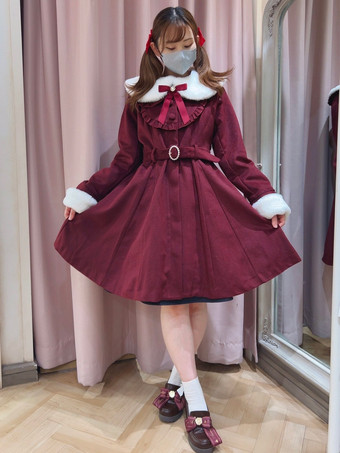 ワインレッド ゴシックロリータコート ブラックコート フリル リボン オーバーコート ポリエステル 秋 ロリータ アウター
