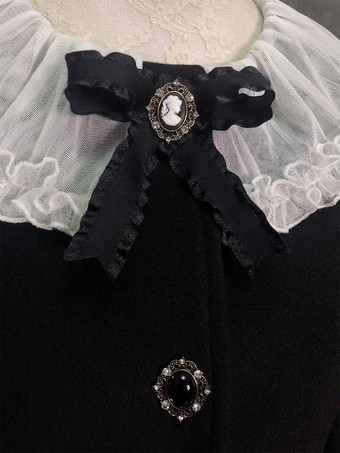 ゴシックロリータコート ブラックリボン ポリエステルオーバーコート 秋ロリータアウター