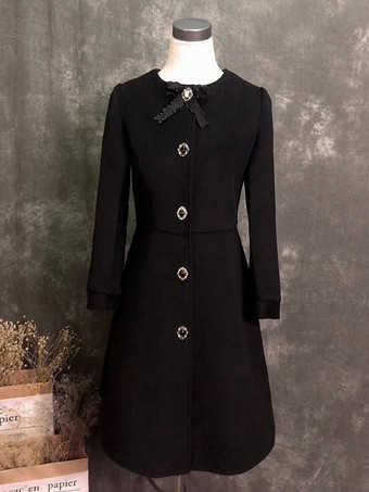 ゴシックロリータコート ブラックリボン ポリエステルオーバーコート 秋ロリータアウター