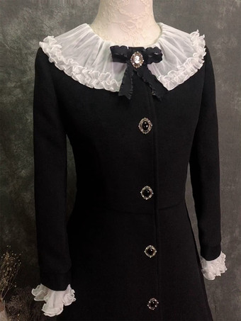 ゴシックロリータコート ブラックリボン ポリエステルオーバーコート 秋ロリータアウター