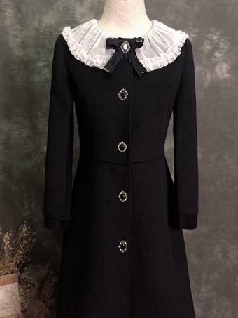 ゴシックロリータコート ブラックリボン ポリエステルオーバーコート 秋ロリータアウター