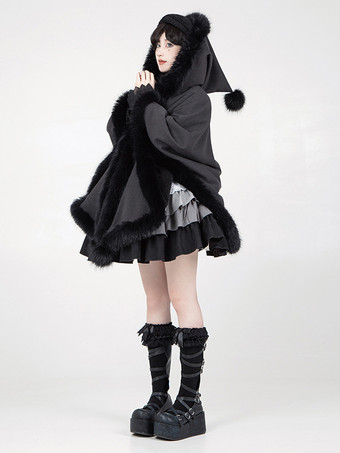 ゴシックロリータポンチョ ホワイトポリエステルポンポン 秋ロリータアウター