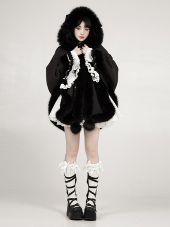 ゴシックロリータポンチョ ホワイトポリエステルポンポン 秋ロリータアウター