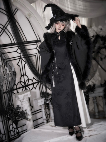 ブラック ゴシックロリータポンチョ ホワイトポリエステルポンポン 秋ロリータアウター