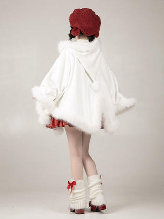 ゴシックロリータポンチョ ホワイトポリエステルポンポン 秋ロリータアウター