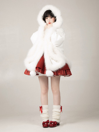 ゴシックロリータポンチョ ホワイトポリエステルポンポン 秋ロリータアウター