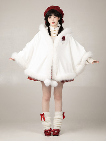 ゴシックロリータポンチョ ホワイトポリエステルポンポン 秋ロリータアウター