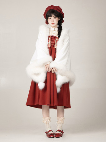 ゴシックロリータポンチョ ホワイトポリエステルポンポン 秋ロリータアウター