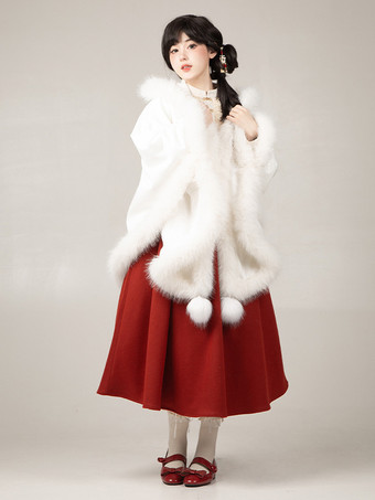 ホワイト ゴシックロリータポンチョ ホワイトポリエステルポンポン 秋ロリータアウター