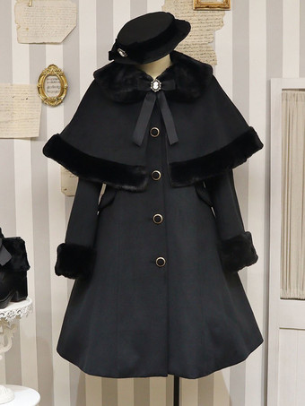 ブラック アカデミックロリータコート バーガンディ クリスマス リボン ポリエステル ケープ オーバーコート コート カラーブロック ロリータ アウター 冬