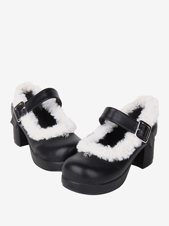 スイートロリータフットウェア ブラック PUレザー チャンキーヒール ロリータパンプス