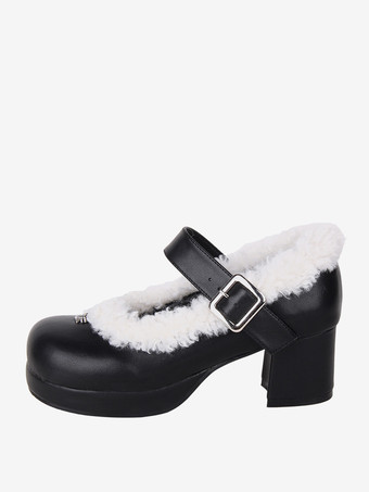 スイートロリータフットウェア ブラック PUレザー チャンキーヒール ロリータパンプス