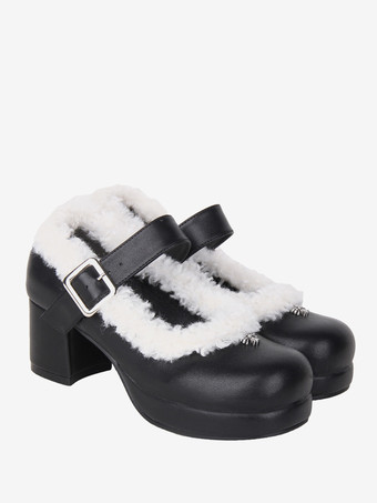 スイートロリータフットウェア ブラック PUレザー チャンキーヒール ロリータパンプス