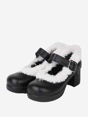 スイートロリータフットウェア ブラック PUレザー チャンキーヒール ロリータパンプス