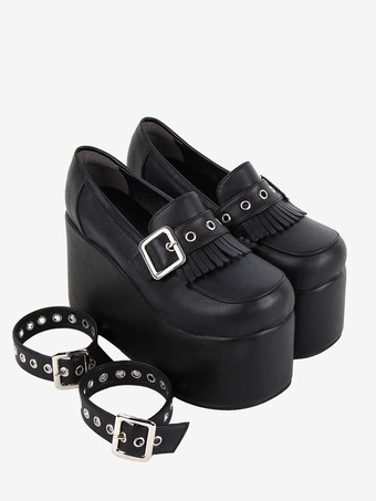 ブラック スイートロリータフットウェア ブラックチェーン PUレザー ウェッジヒール ロリータパンプス