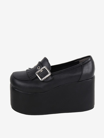 スイートロリータフットウェア ブラックチェーン PUレザー ウェッジヒール ロリータパンプス