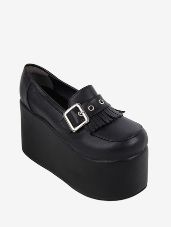 スイートロリータフットウェア ブラックチェーン PUレザー ウェッジヒール ロリータパンプス