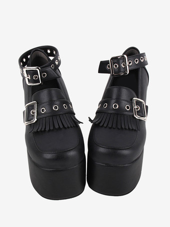 スイートロリータフットウェア ブラックチェーン PUレザー ウェッジヒール ロリータパンプス