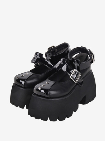 ゴシックロリータフットウェア ブラックリベット メタリックPUレザー ウェッジヒール ロリータパンプス