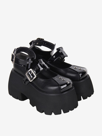 ゴシックロリータフットウェア ブラックリベット メタリックPUレザー ウェッジヒール ロリータパンプス