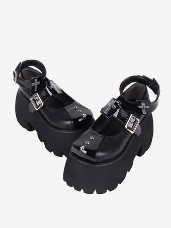 ゴシックロリータフットウェア ブラックリベット メタリックPUレザー ウェッジヒール ロリータパンプス