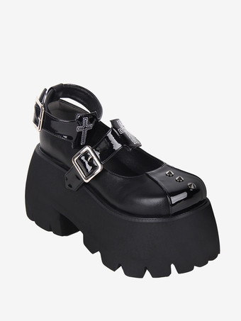 ゴシックロリータフットウェア ブラックリベット メタリックPUレザー ウェッジヒール ロリータパンプス