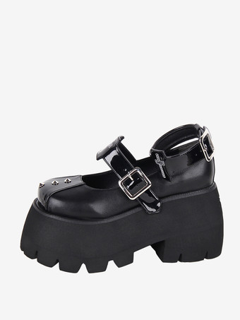 ブラック ゴシックロリータフットウェア ブラックリベット メタリックPUレザー ウェッジヒール ロリータパンプス