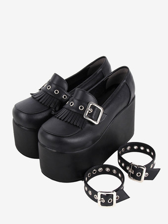 スイートロリータフットウェア ブラックチェーン PUレザー ウェッジヒール ロリータパンプス