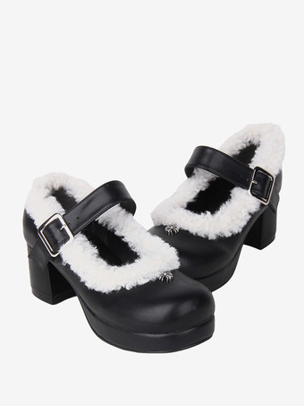 ブラック スイートロリータフットウェア ブラック PUレザー チャンキーヒール ロリータパンプス