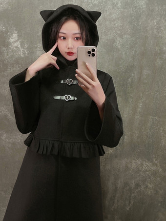 ゴシックロリータコート ブラックコート フリル オーバーコート ポリエステル 冬用ロリータアウター