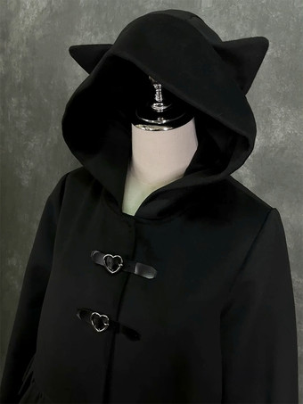 ゴシックロリータコート ブラックコート フリル オーバーコート ポリエステル 冬用ロリータアウター