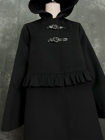 ゴシックロリータコート ブラックコート フリル オーバーコート ポリエステル 冬用ロリータアウター