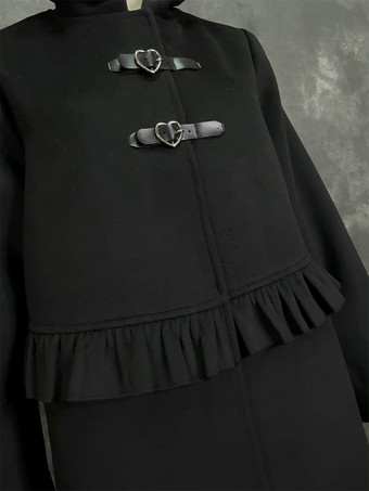 ゴシックロリータコート ブラックコート フリル オーバーコート ポリエステル 冬用ロリータアウター