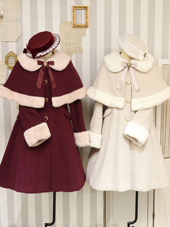 アイボリー アカデミックロリータコート バーガンディ クリスマス リボン ポリエステル ケープ オーバーコート コート カラーブロック ロリータ アウター 冬