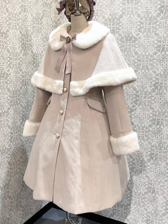 アカデミックロリータコート バーガンディ クリスマス リボン ポリエステル ケープ オーバーコート コート カラーブロック ロリータ アウター 冬