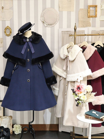 ブルー アカデミックロリータコート バーガンディ クリスマス リボン ポリエステル ケープ オーバーコート コート カラーブロック ロリータ アウター 冬