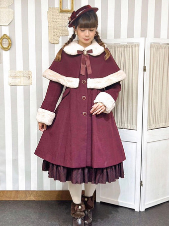 ワインレッド アカデミックロリータコート バーガンディ クリスマス リボン ポリエステル ケープ オーバーコート コート カラーブロック ロリータ アウター 冬