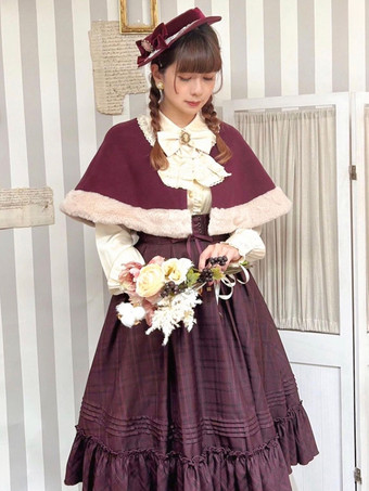 アカデミックロリータコート バーガンディ クリスマス リボン ポリエステル ケープ オーバーコート コート カラーブロック ロリータ アウター 冬